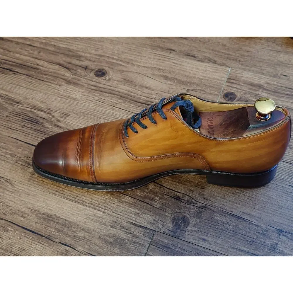 Magnanni Men’s Captoe 9.5M Brown Burnish Leather Oxford Dress Shoes